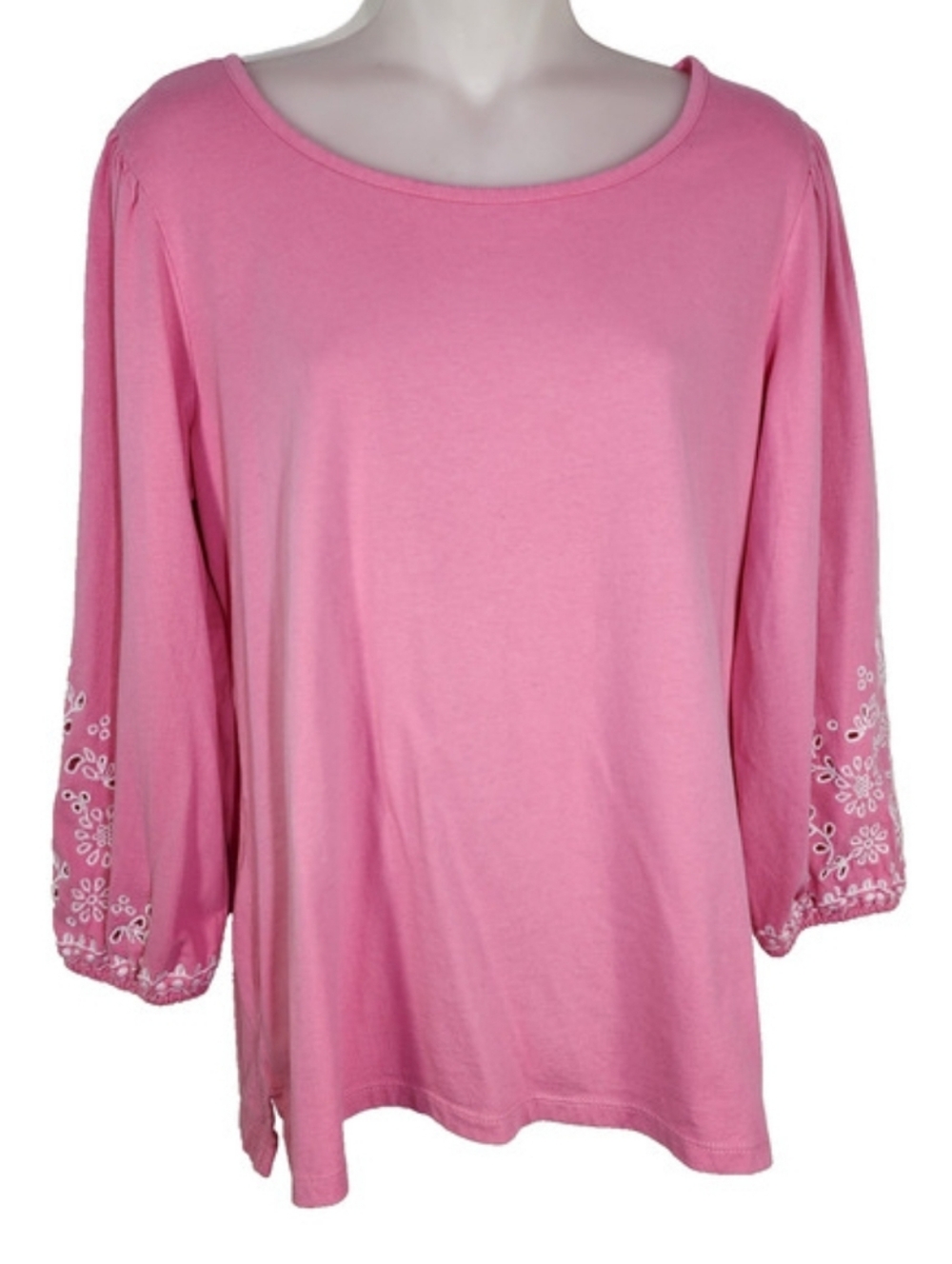Talbots Pink 3/4 Sleeve Tee with White Embroidered Cuffs 100% Cotton Size M